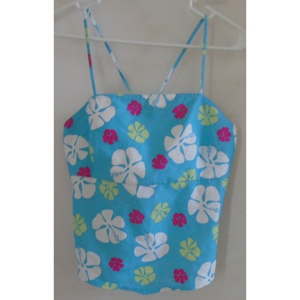 Open Back Summer Top Blue Pink White Flowers Girl's XL Strappy NWT